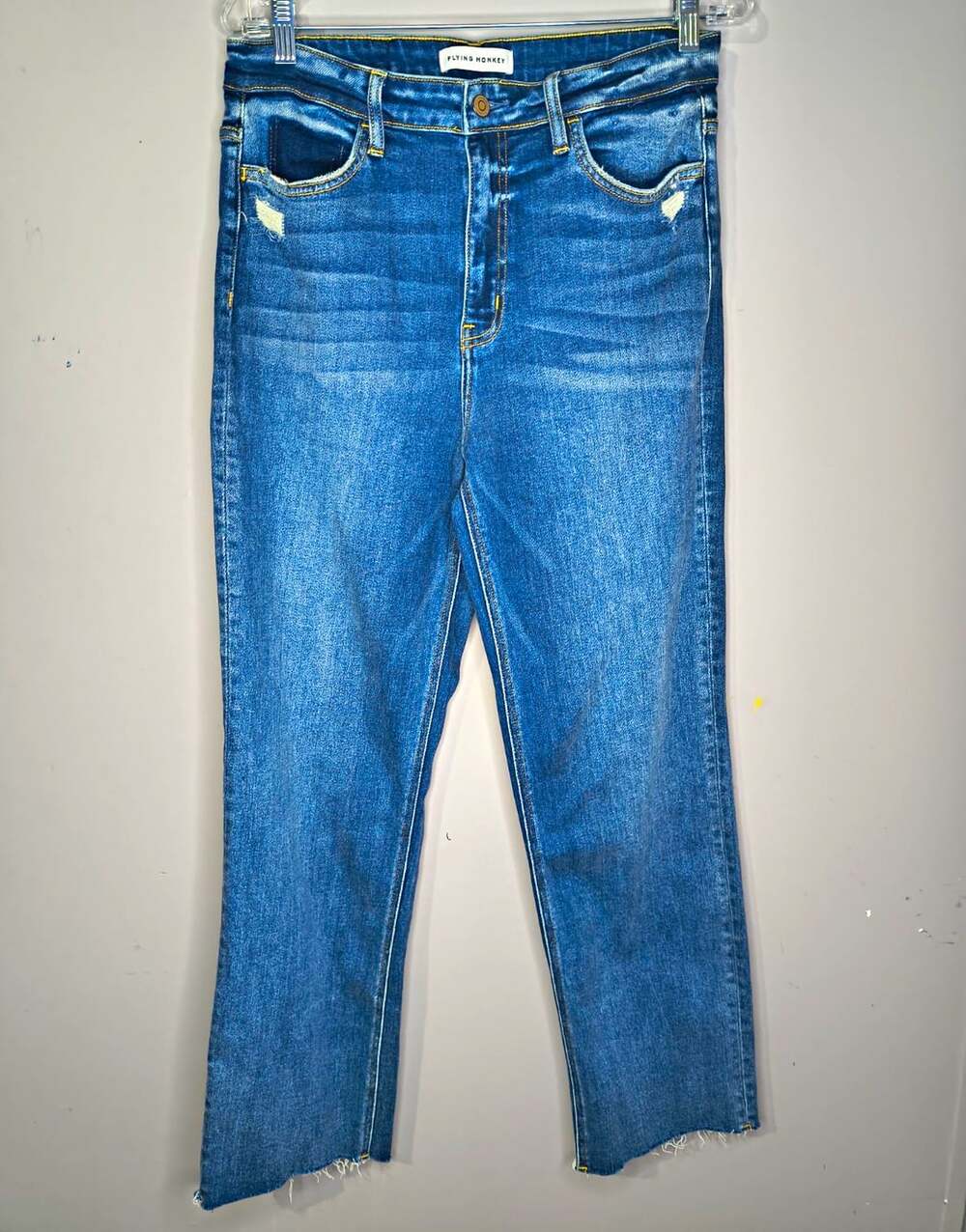 Flying Monkey Women's Medium Wash Blue Slim Straight Jeans Stretch Distressed 30